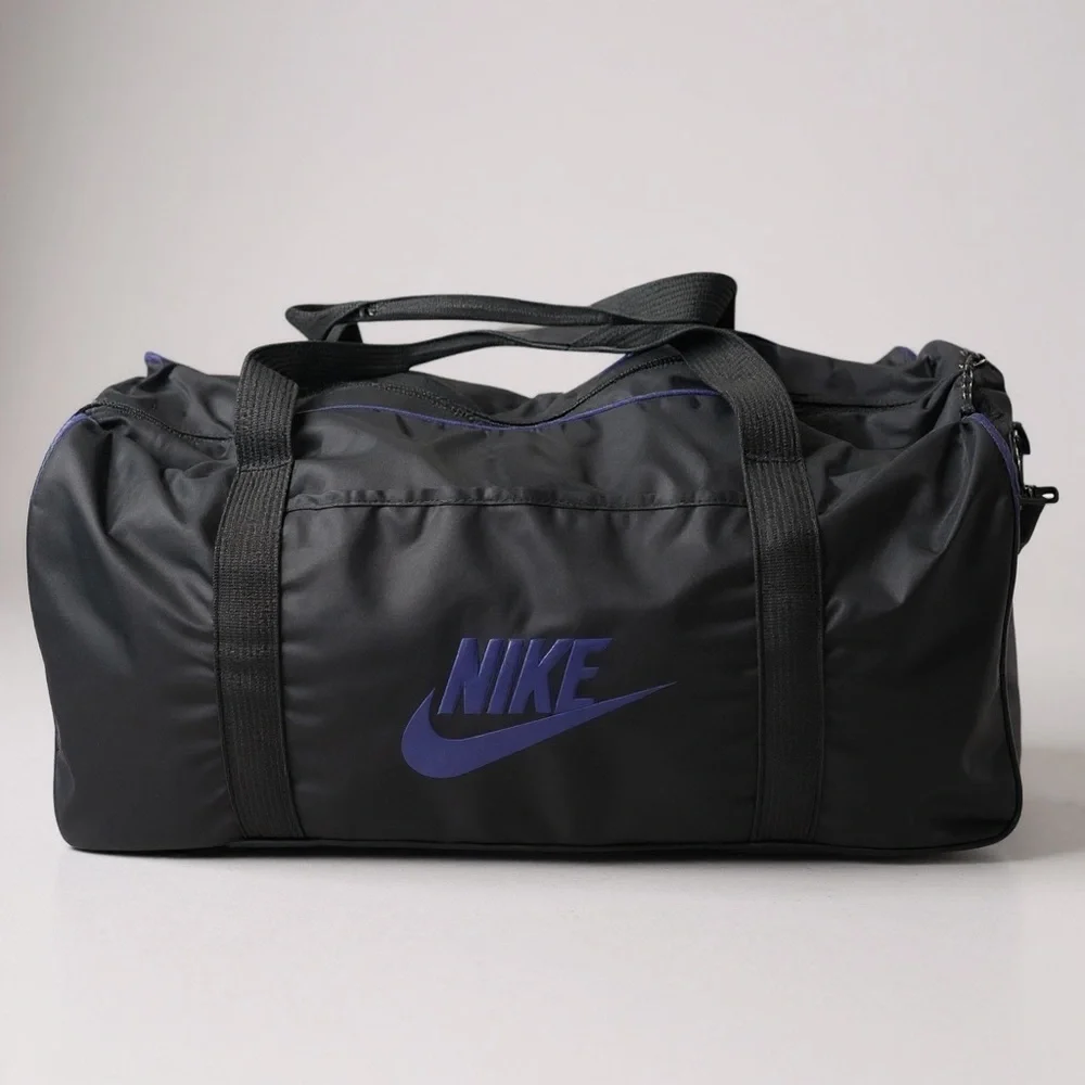 🎒 Vintage Nike‎ Black Purple Duffle Bag 🟣 90s Nylon Gym Travel Tote Large